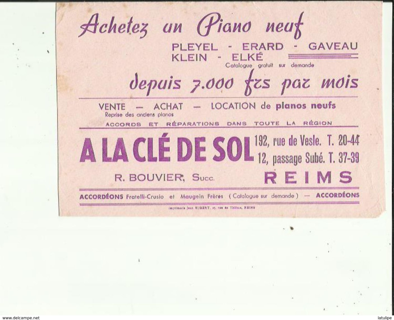 Buvard  A  LA CLE DE SOL _Achetez Un PIANO NEUF Chez R  BOUVIER  Succ A REIMS 51 - P