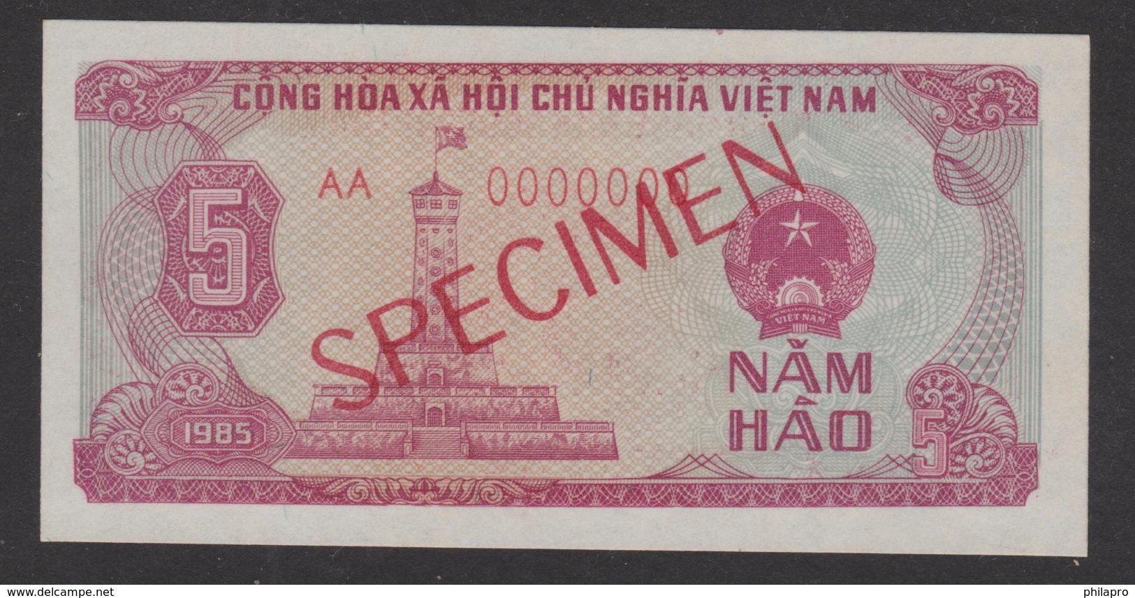 VIETNAM  1985  SPECIMEN    BANKNOTE  5HAO   Note N°AA 0000000  VERY FINE /TTB - Vietnam