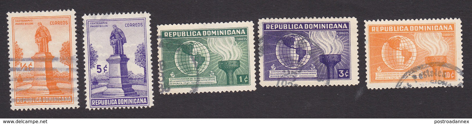 Dominican Republic, Scott #330-334, Used, Monument To Father Billini, Globe And Torch Of Liberty, Issued 1937-38 - Dominican Republic