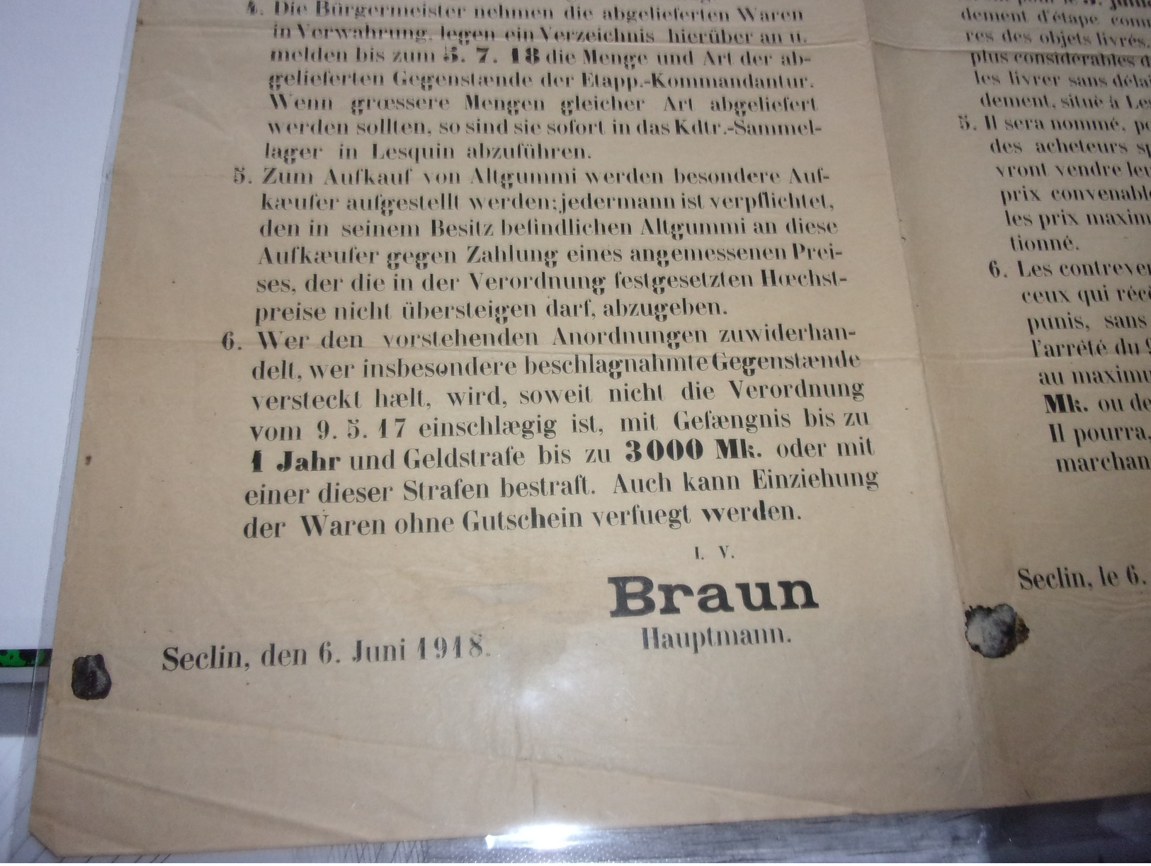 Guerre 1914-1918 &ndash; Brau Hautmann Sixième Armée. Seclin 6 Juin 1918. Suite à L'arrêté Du 9 Mai 1917 J'ordonne - 1914-18