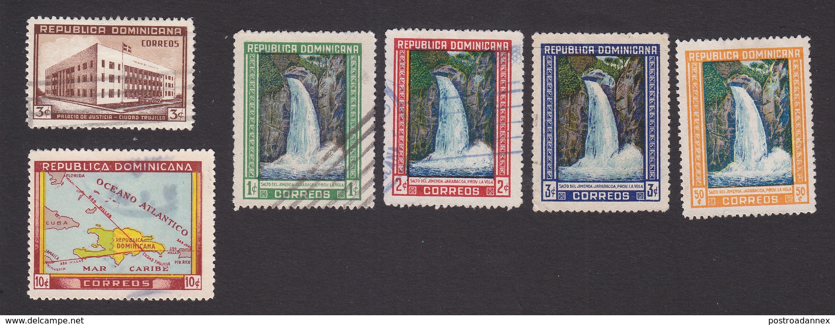 Dominican Republic, Scott #420-424, 427, Used, Palace Of Justice, Map, Waterfall, Issued 1946 - Dominicaine (République)