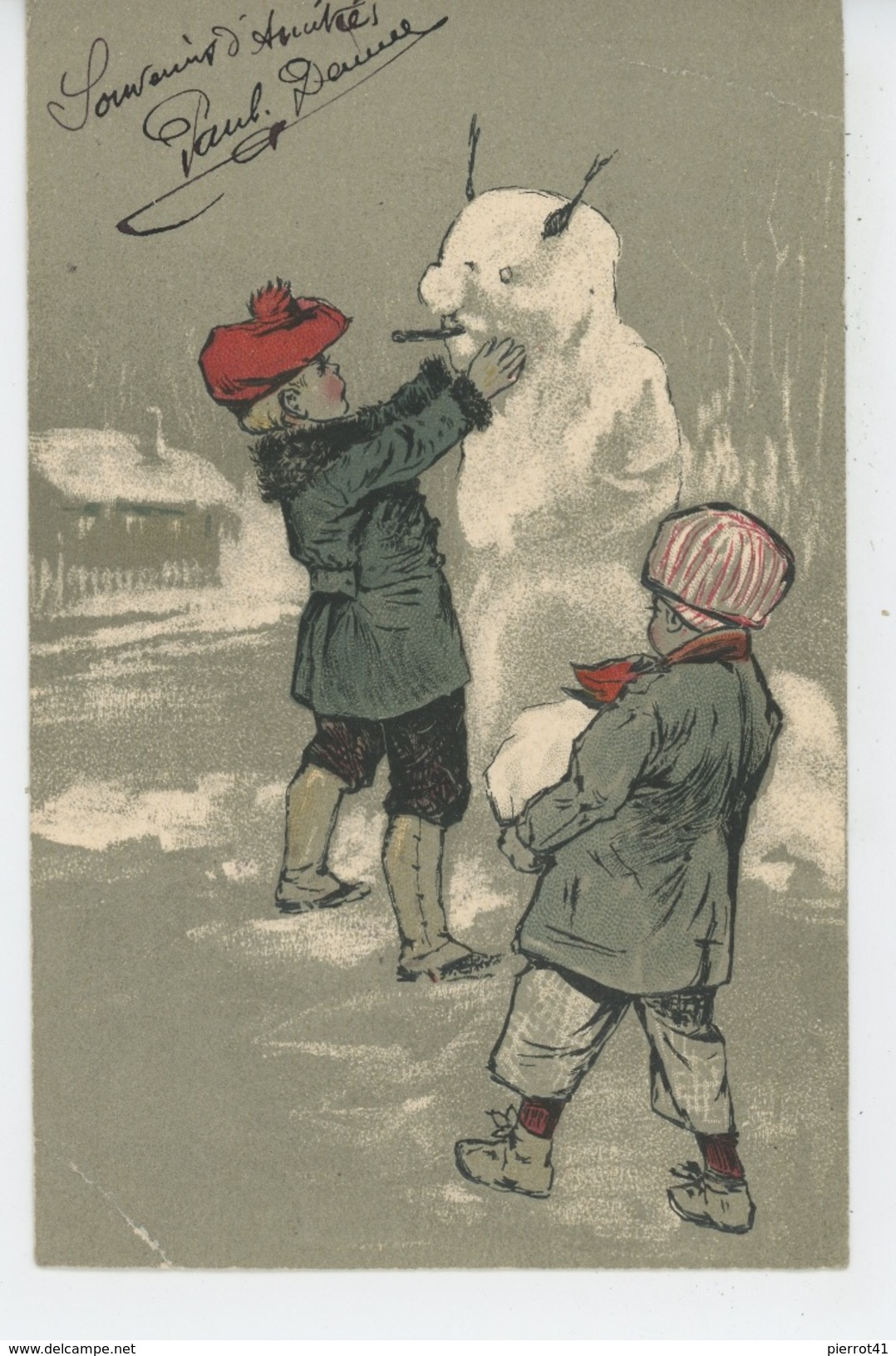 ENFANTS - Jolie Carte Fantaisie Gaufrée Enfants Avec Bonhomme De Neige (embossed Postcard) - Ritratti