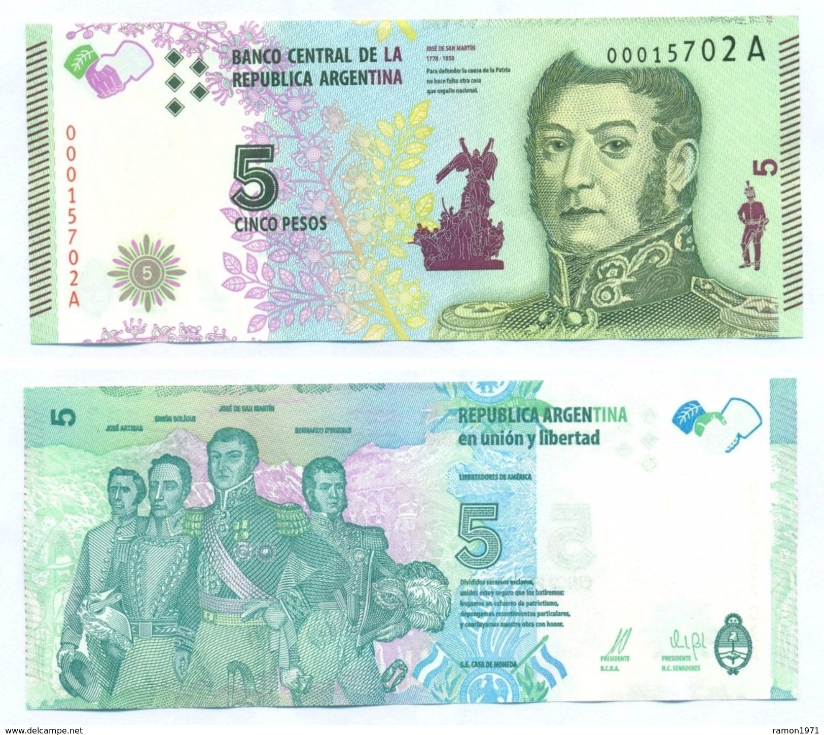 Argentina - 5 Peso 2015 UNC - Argentinien