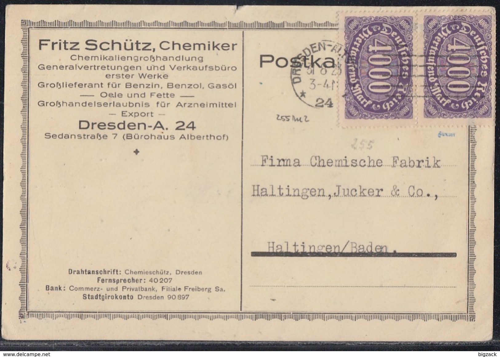 DR Werbekarte Fritz Schütz, Chemiker Mef Minr.2x 255 Dresden 31.8.23 Geprüft - Briefe U. Dokumente