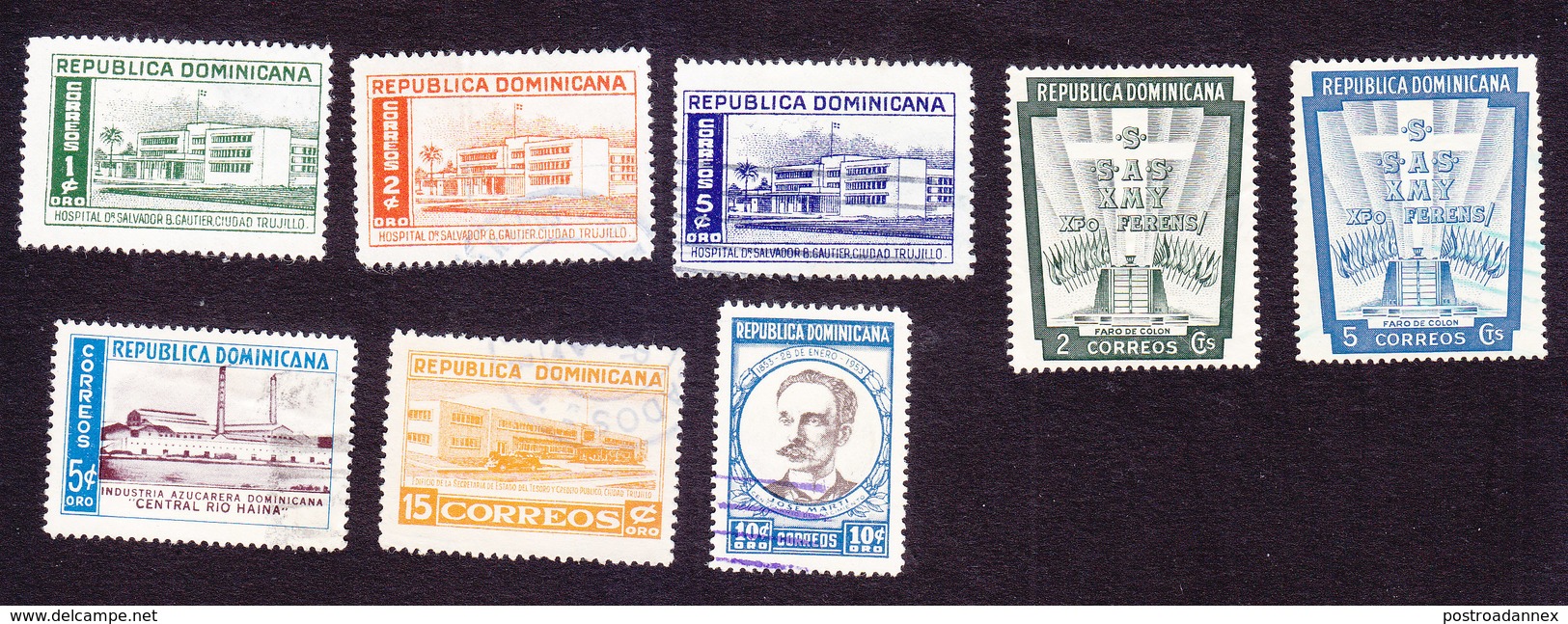 Dominican Republic, Scott #447-451, 455-457, Used, Hospital, Columbus Lighthouse, Industry, Marti, Issued 1952-54 - Dominikanische Rep.