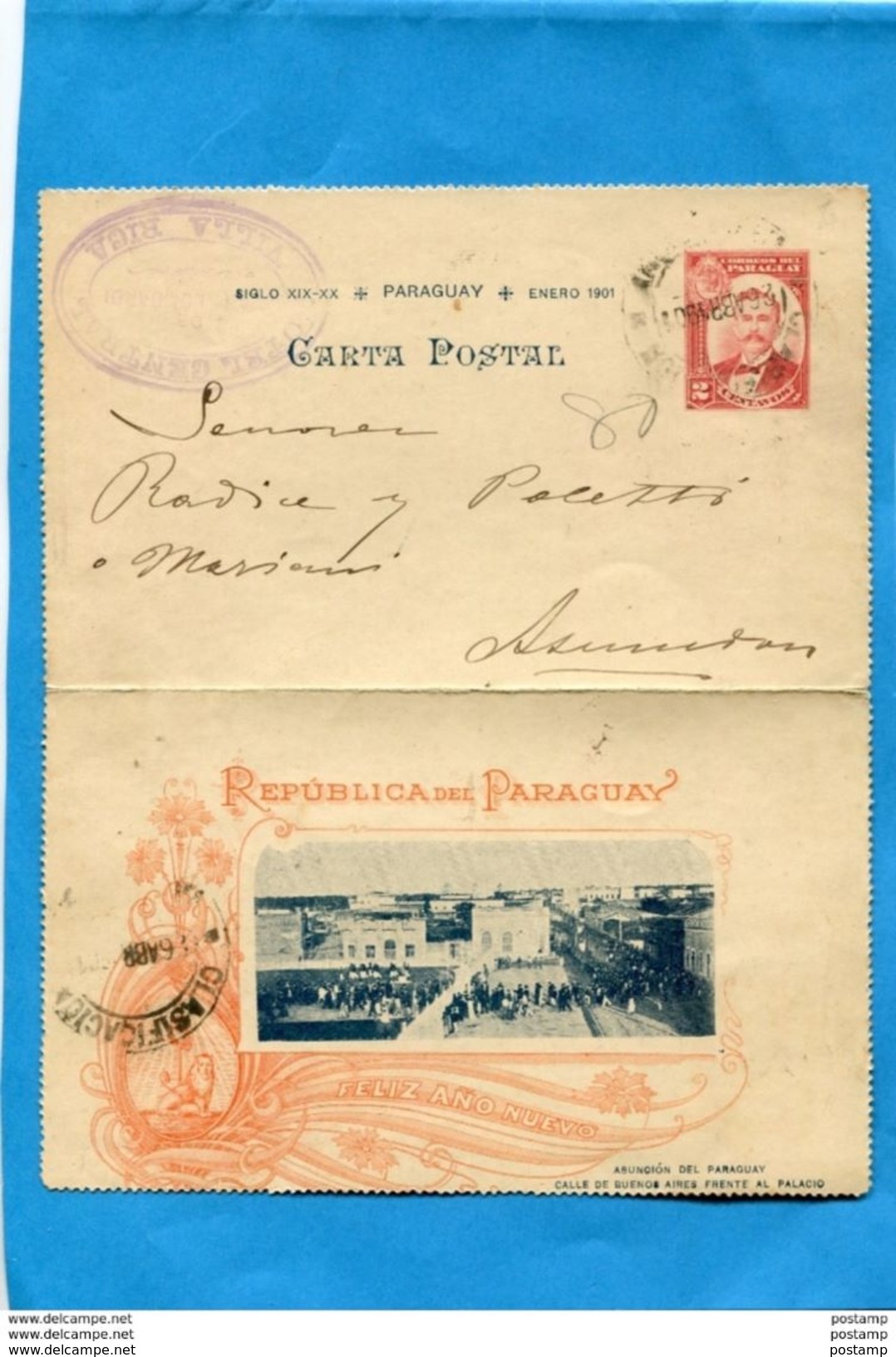 Marcophilie-PARAGUAY-carte Lettre Entier Postal  Dos Illustré Photo "feliz Anno Nuevo"cad 1901-a Voyagé D'époque - Paraguay