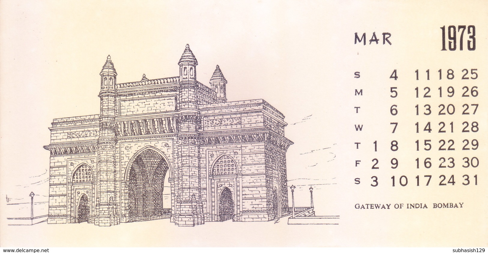 INDIA - RARE AND OLD  PAPER CALENDAR - MARCH 1973 -  PRINTED HAND SKETCH - GATEWAY OF INDIA, BOMBAY - ANTIQUE ITEM - Grand Format : 1971-80