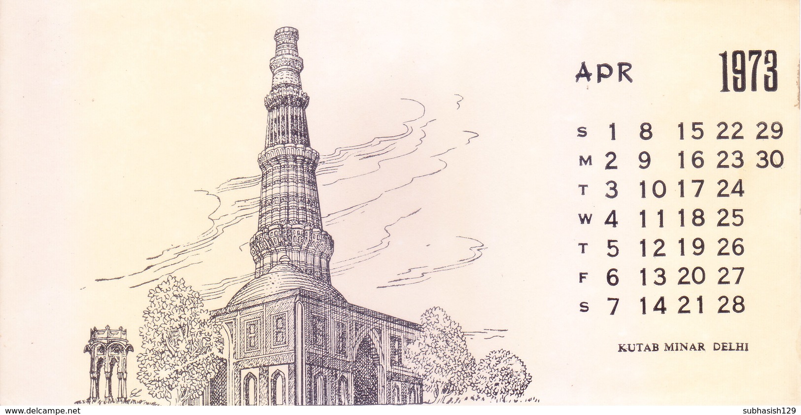 INDIA - RARE AND OLD PAPER CALENDAR - APRIL 1973 -  PRINTED HAND SKETCH - KUTAB MINAR, NEW DELHI - ANTIQUE ITEM - Grand Format : 1971-80