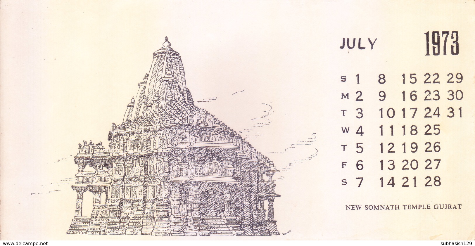 INDIA - RARE AND OLD PAPER CALENDAR - JULY 1973 -  PRINTED HAND SKETCH - NEW SOMENATH TEMPLE, GUJRAT - ANTIQUE ITEM - Grand Format : 1971-80