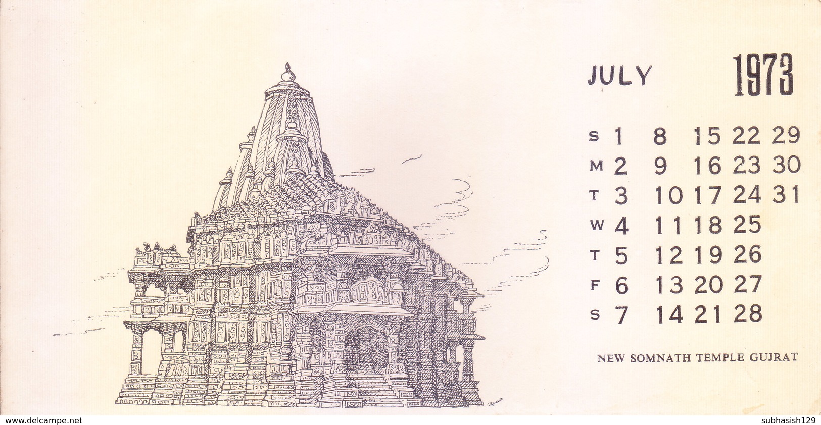 INDIA - RARE AND OLD PAPER CALENDAR - JULY 1973 -  PRINTED HAND SKETCH - NEW SOMENATH TEMPLE, GUJRAT - ANTIQUE ITEM - Big : 1971-80