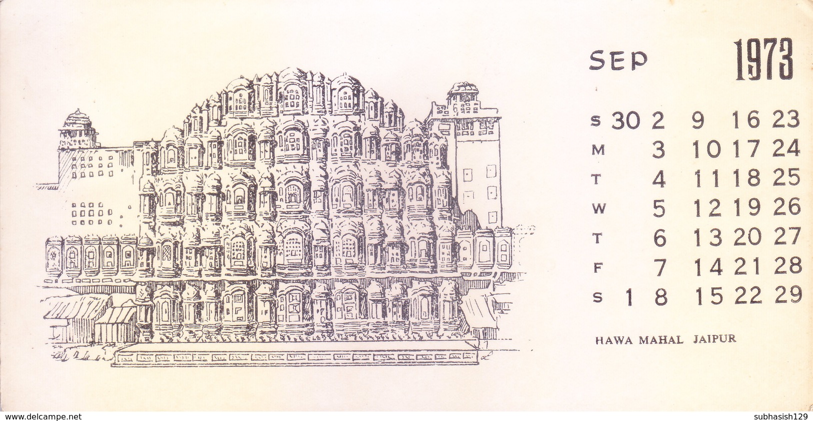 INDIA - RARE AND OLD PAPER CALENDAR - SEPTEMBER 1973 -  PRINTED HAND SKETCH - HAWA MAHAL, JAIPUR - ANTIQUE ITEM - Grand Format : 1971-80