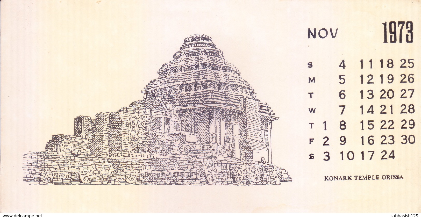 INDIA - RARE AND OLD PAPER CALENDAR - NOVEMBER 1973 -  PRINTED HAND SKETCH - KONARK TEMPLE, ORISSA - ANTIQUE ITEM - Grand Format : 1971-80