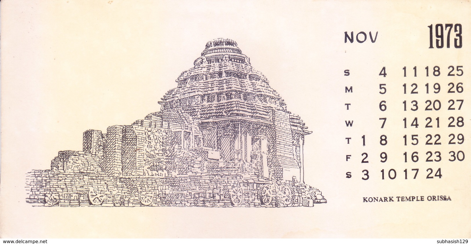 INDIA - RARE AND OLD PAPER CALENDAR - NOVEMBER 1973 -  PRINTED HAND SKETCH - KONARK TEMPLE, ORISSA - ANTIQUE ITEM - Big : 1971-80