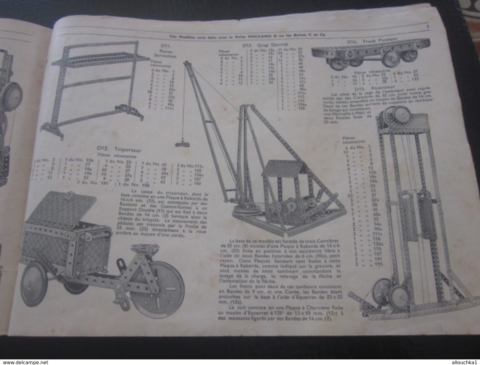 MECCANO-3 CATALOGUES Reliés USINES A BOBIGNY-1947-GRUE-LOCOMOTIVE-AVION HYDRAVION-CAMION-TRACTEUR-SULKY-MANEGE-TANK-Jeux