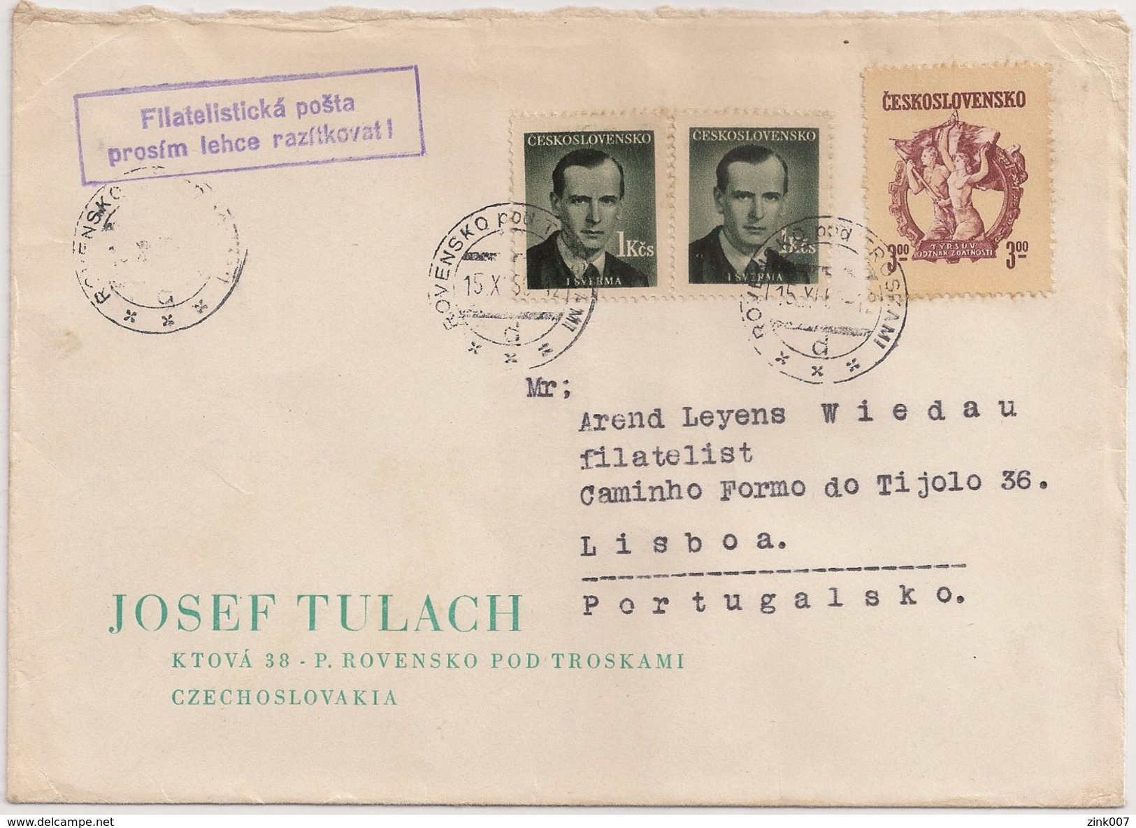 Ceskoslovensko Czechoslovakia Cover Circulated 1950 - Josef Tulach - Cancel Rovensko Pod Troskami And Filatelisticka - Briefe U. Dokumente