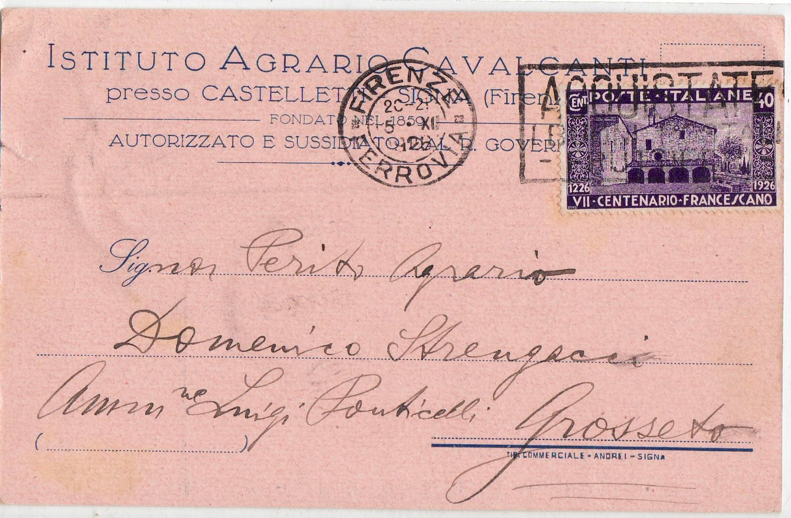 B852 FIRENZE CASTELLETTI SIGNA IST. AGRARIO CAVALCANTI X GROSSETO - Storia Postale