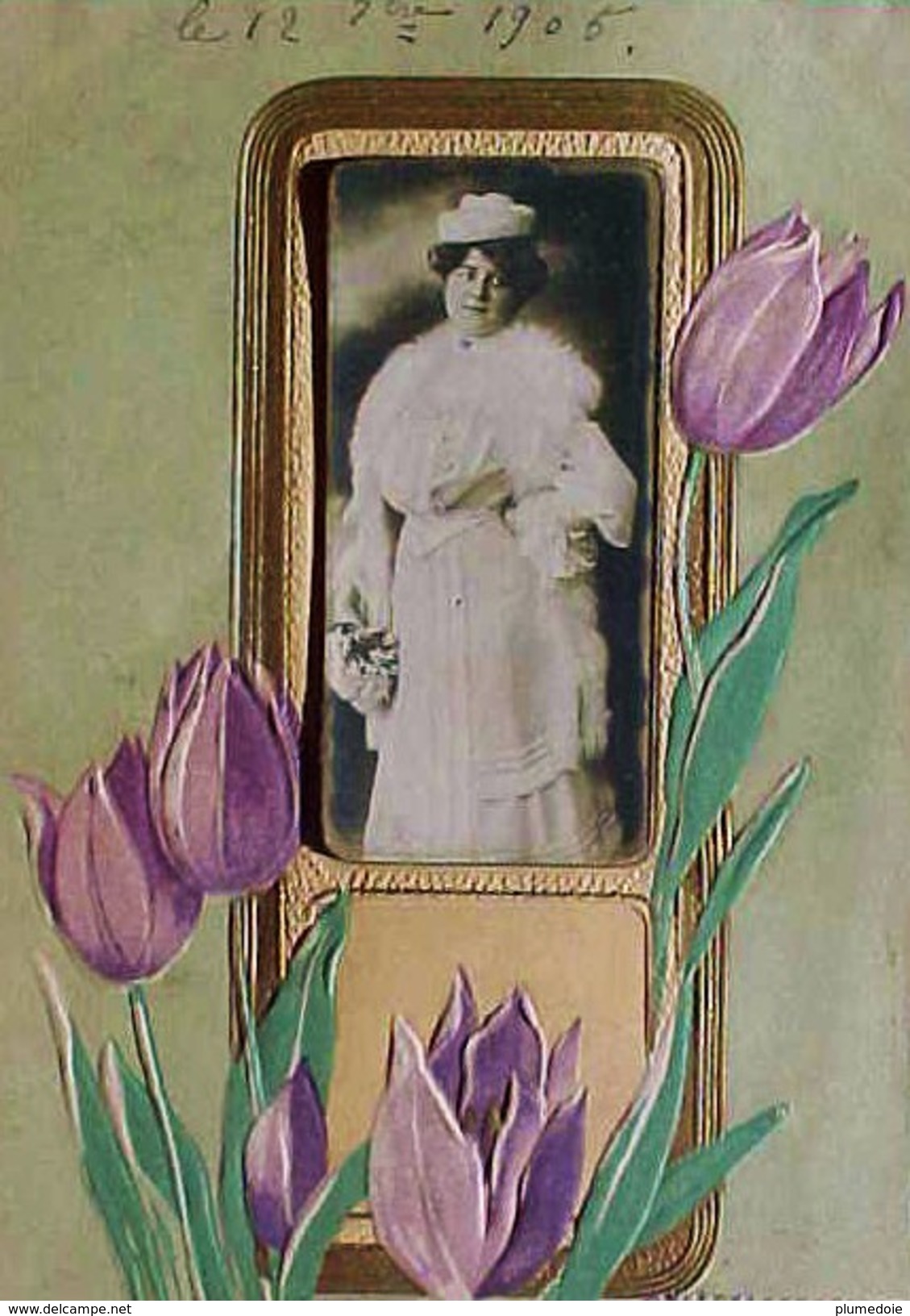 Cpa   FEMME Dans Cadre Doré , TULIPES , Gaufrée   1905 WOMAN REAL PHOTO , EMBOSSED FLOWERS ART NOUVEAU - Femmes