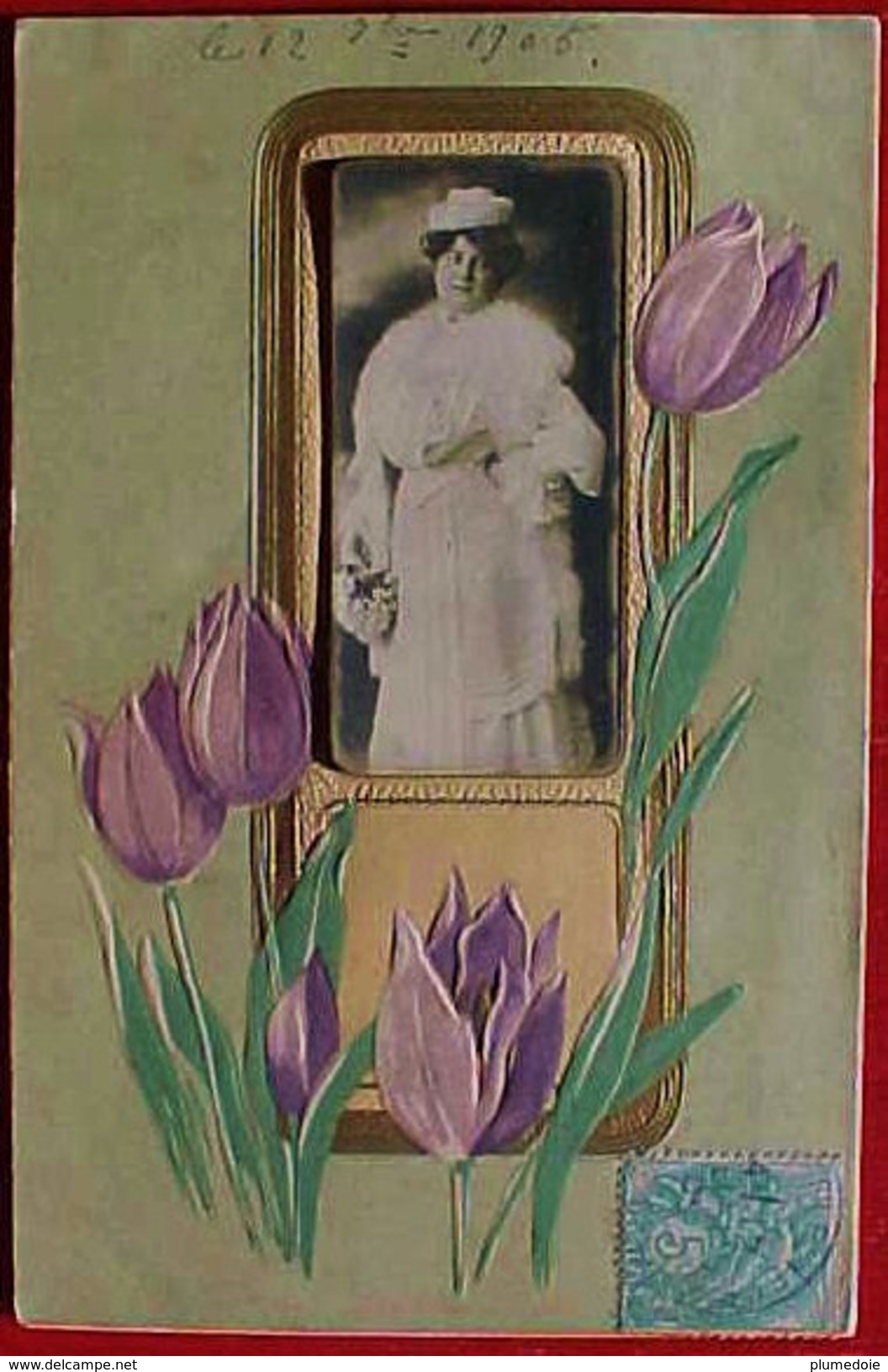 Cpa   FEMME Dans Cadre Doré , TULIPES , Gaufrée   1905 WOMAN REAL PHOTO , EMBOSSED FLOWERS ART NOUVEAU - Mujeres