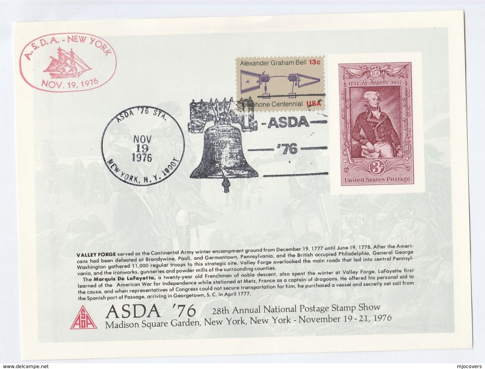 1976 ASDA NEW YORK SOUVENIR CARD USA Stamps PHILATELIC EXHIBITION Telephone Telecom  Sailing Ship Bicentennial Cover - Us Independence