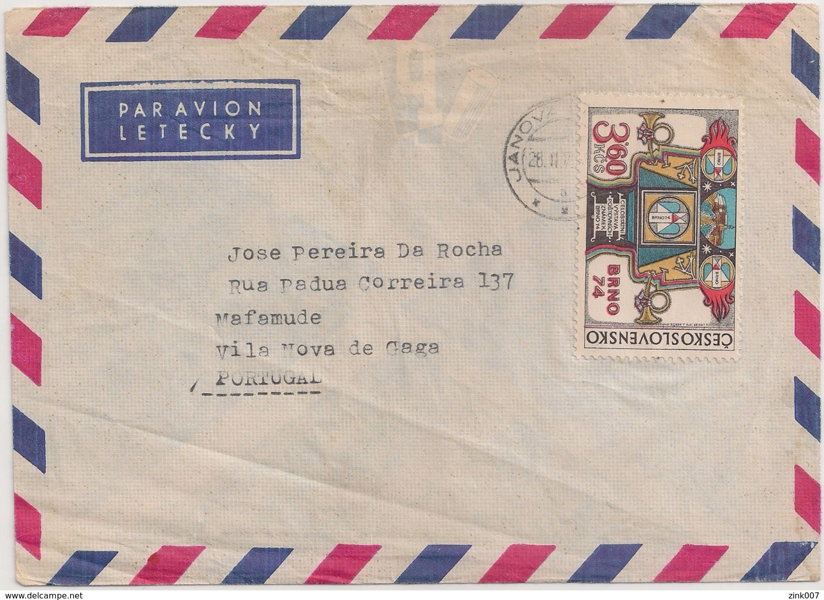 Ceskoslovensko Czechoslovakia Cover Circulated 1974 - Vignette Label Par Avion - Stamp BRNO - Cancel Janova - Briefe U. Dokumente