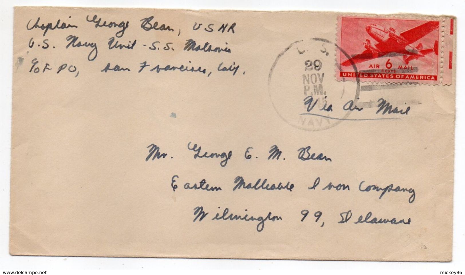 USA--1945--Lettre De SAN FRANCISCO Pour WILMINGTON-timbre AVION Seul Sur Lettre--cachet US NAVY - Lettres & Documents