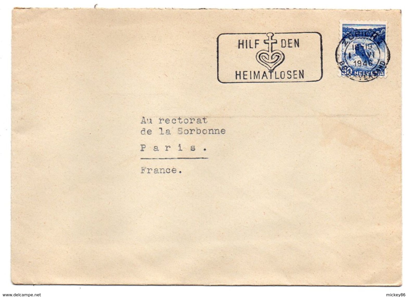 Suisse-Lettre De ZURICH Pour PARIS (France)-timbre Seul Sur Lettre-Beau Cachet"HILF DEN HEIMATLOSEN"Aider Les Sans-abris - Covers & Documents