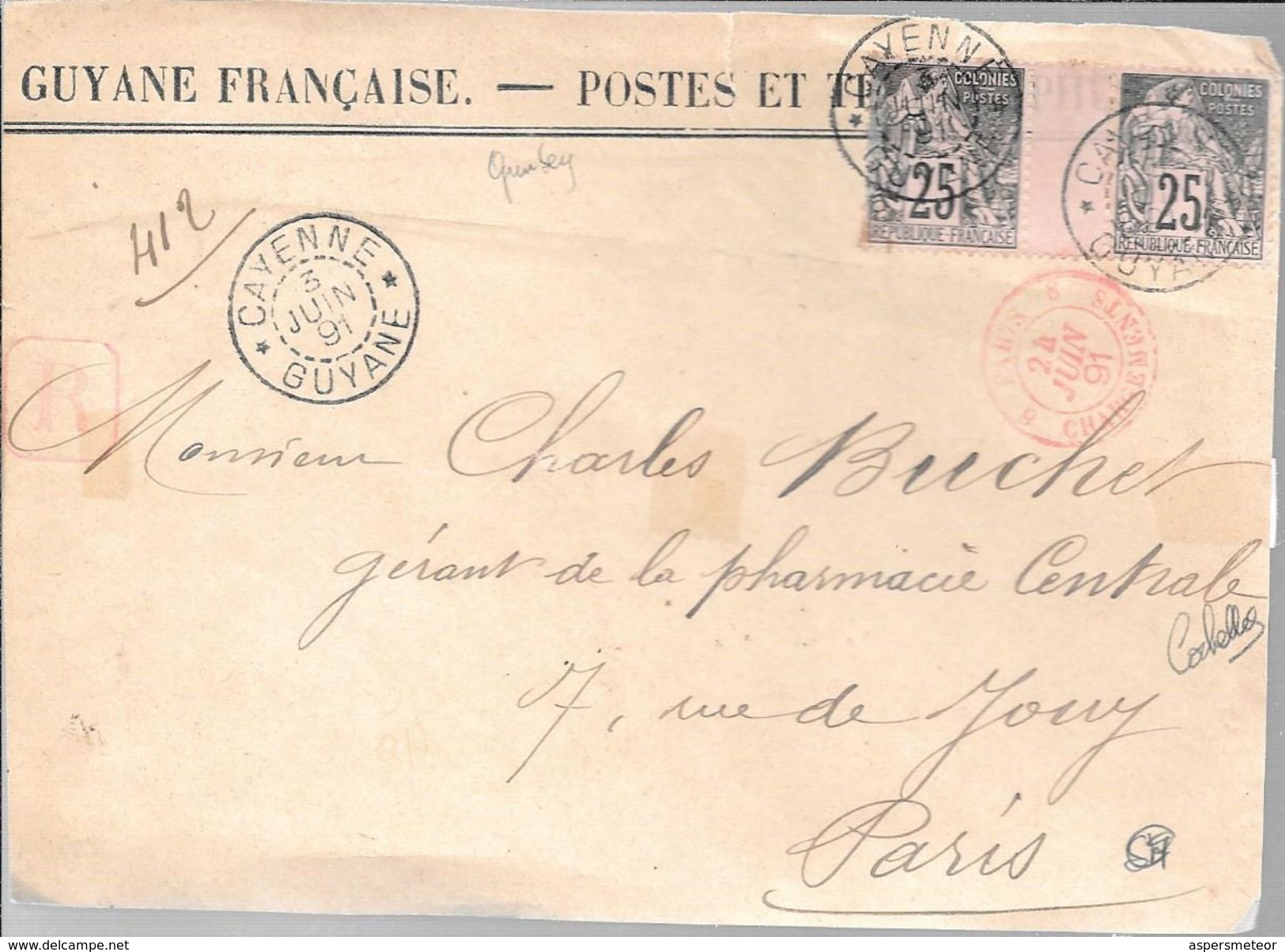 CAYENNE GUYANE FRANCAISE A MONSIEUR CHARLES BUCHER GERANT DE LA PHARMACIE CENTRALE A PARIS JUIN 1891 FRON D'ENVELOPPE - Lettres & Documents