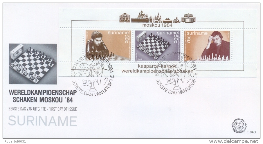 Surinam 1984 FDC Souvenir Sheet World Chess Championship In Moscow Kasparov Vs Karpov - Scacchi