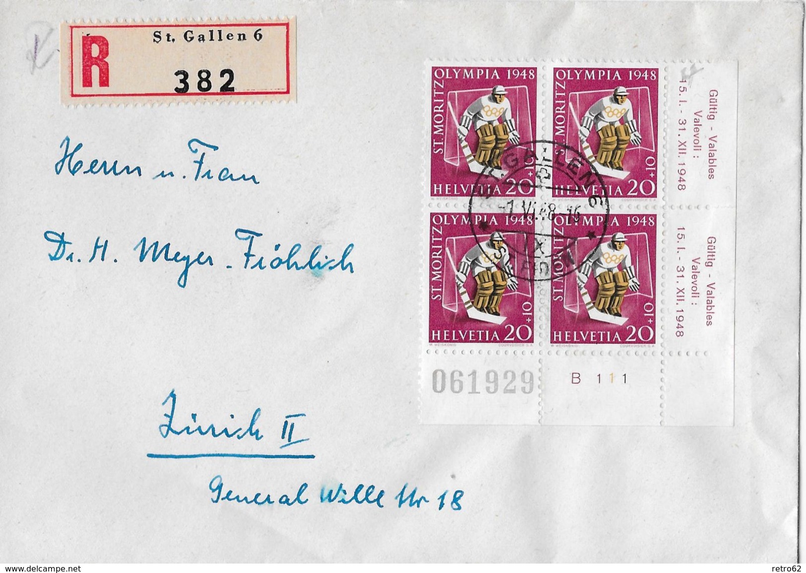 1948 Olympische Winterspiele In St.Moritz &rarr; R-Brief  St.Gallen -Zürich  &#x25BA;SBK-W27w Im Viererblock&#x25C4; - Lettres & Documents