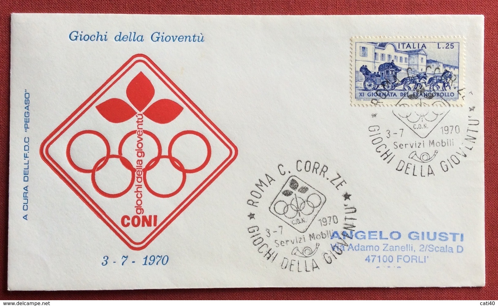 C.O.N.I. GIOCHI  DELLA GIOVENTU' BUSTA ED ANNULLO SPECIALE GIORNATA OLIMPICA 1970 ROMA - Non Classificati