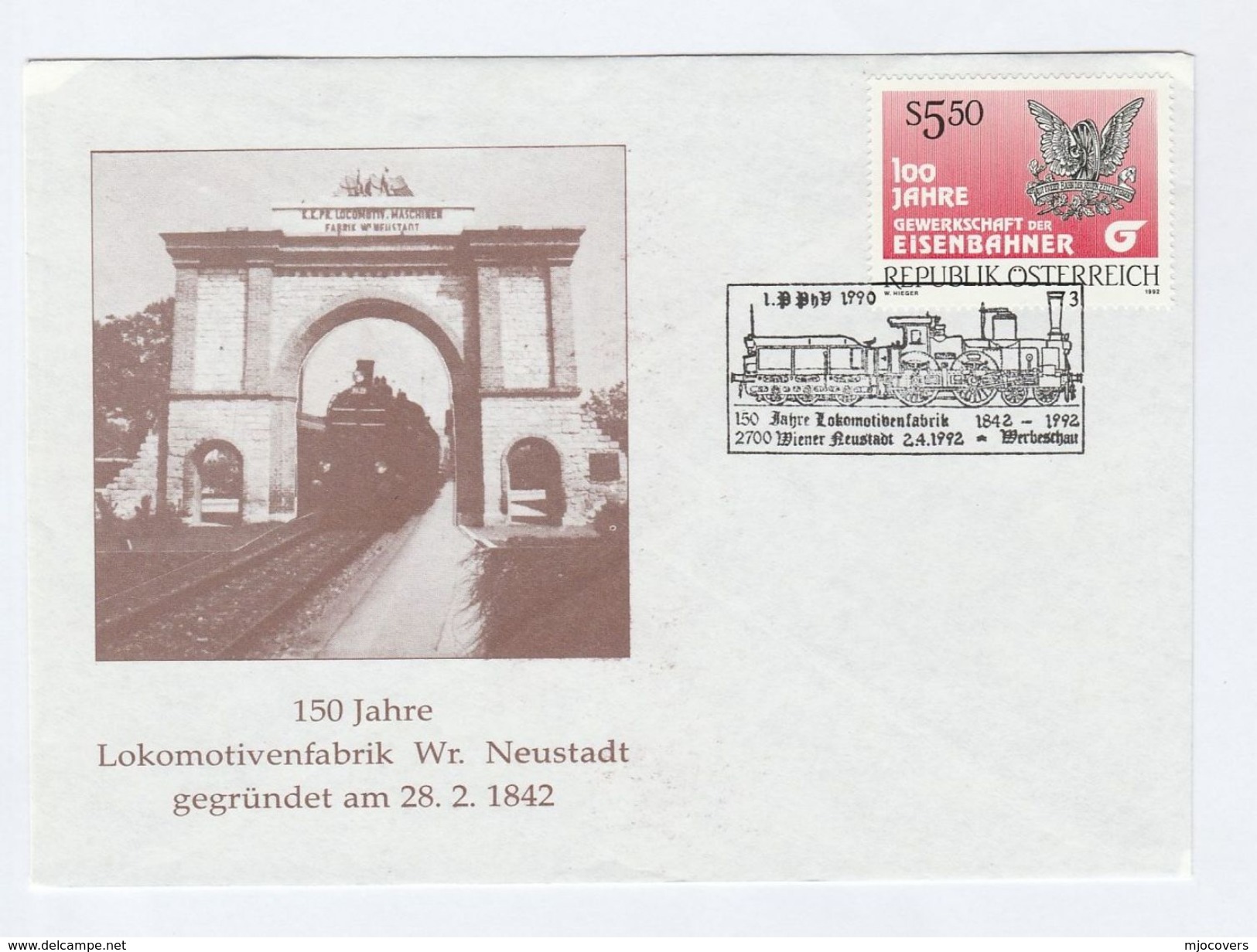 STEAM TRAIN - 1992 NEUSTADT Railway FACTORY 150th Anniv, EVENT COVER Austria Stamps - Trains