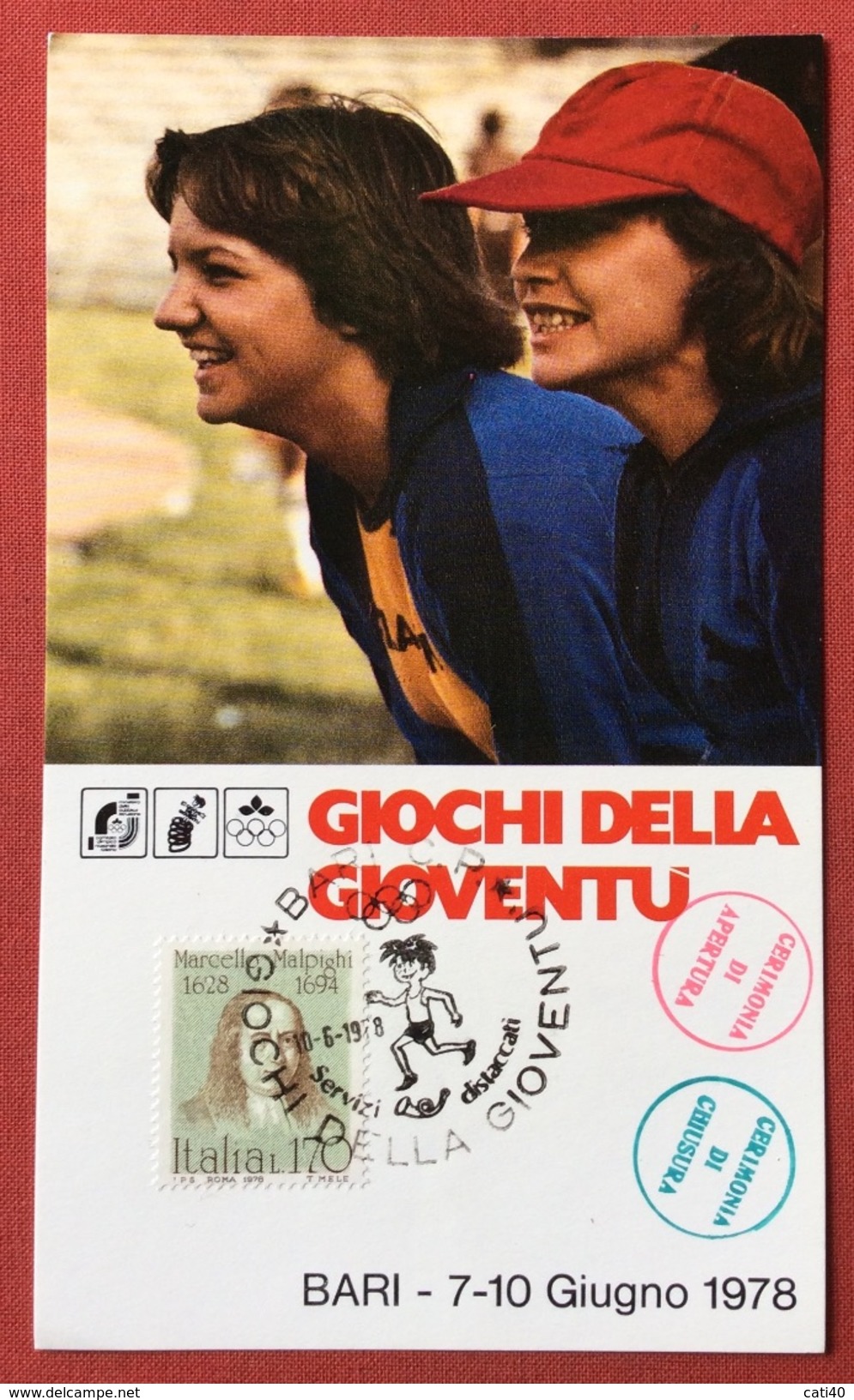 C.O.N.I. GIOCHI DELLA GIOVENTU'  CARTOLINA E ANNULLO SPECIALE BARI 1978 + CERIMONIA APERTURA E CHIUSURA - Non Classificati