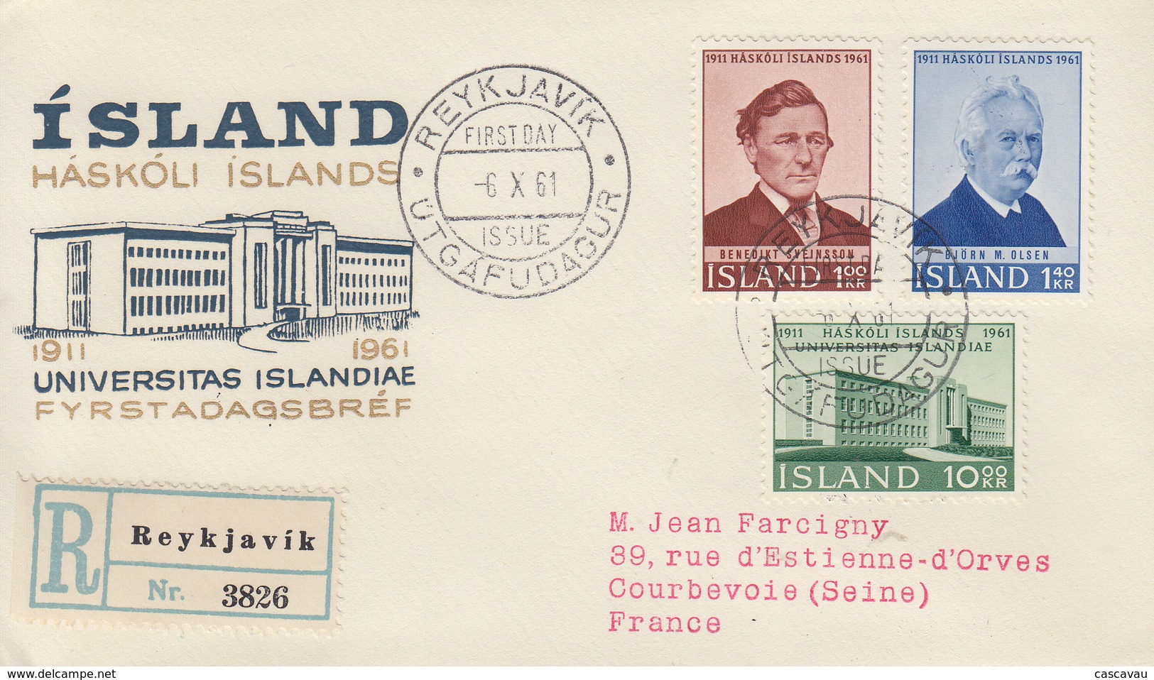 Enveloppe   Recommandée  FDC  1er  Jour     ISLANDE    Cinquantenaire  De  L' Université   1961 - FDC