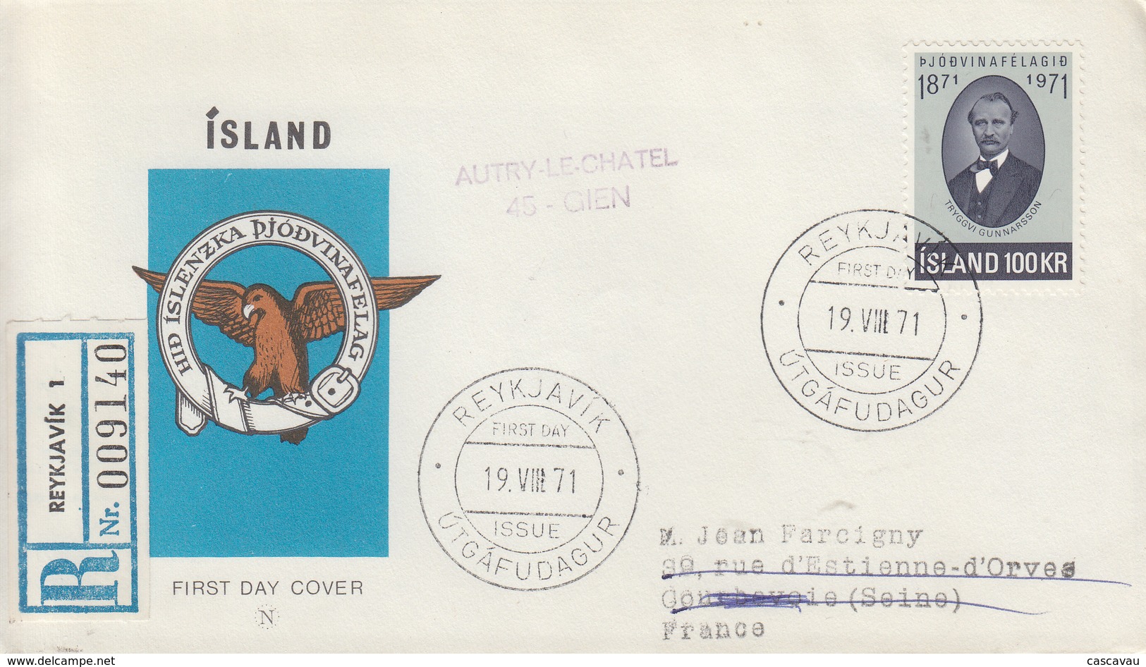 Enveloppe   Recommandée  FDC  1er  Jour     ISLANDE    Centenaire  De  La  Société  Patriotique   1971 - FDC