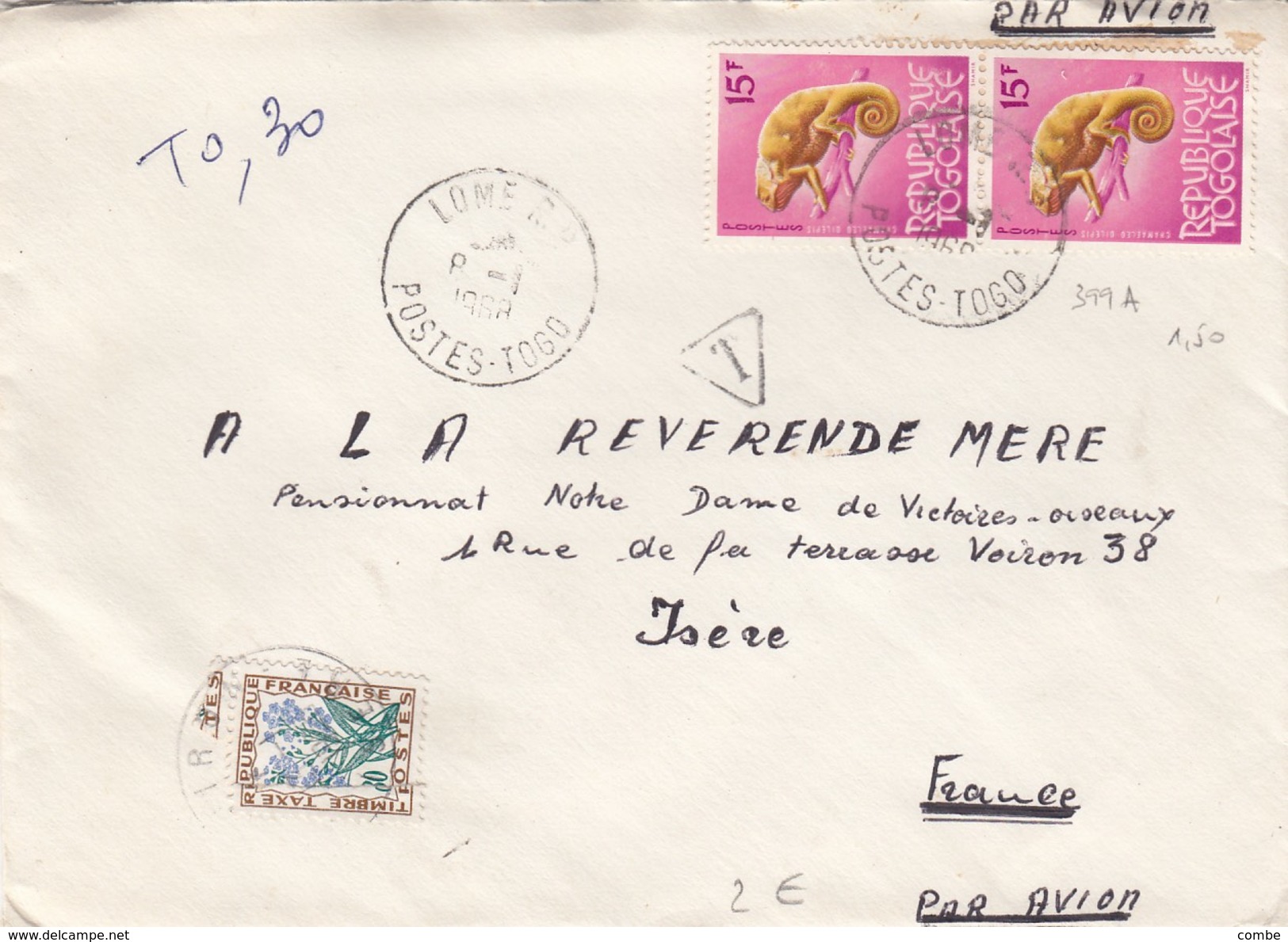 LETTRE. 8/1/1968. LOME TOGO PAIRE CAMELEON. TAXE FLEUR O.3O - 1961-....