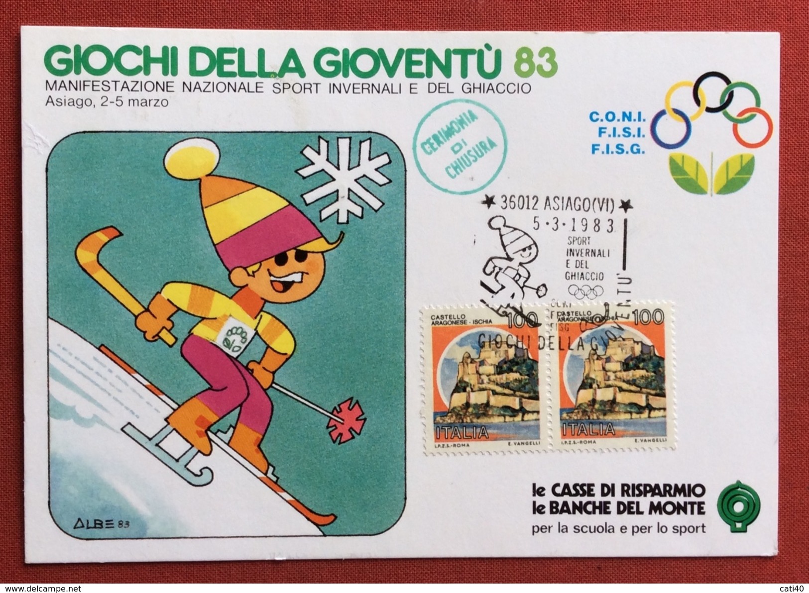 C.O.N.I. GIOCHI DELLA GIOVENTU' CARTOLINA E ANNULLO SPECIALE SPORT INVERSALI ASIAGO 1983  + CERIMONIA CHIUSURA - Non Classificati