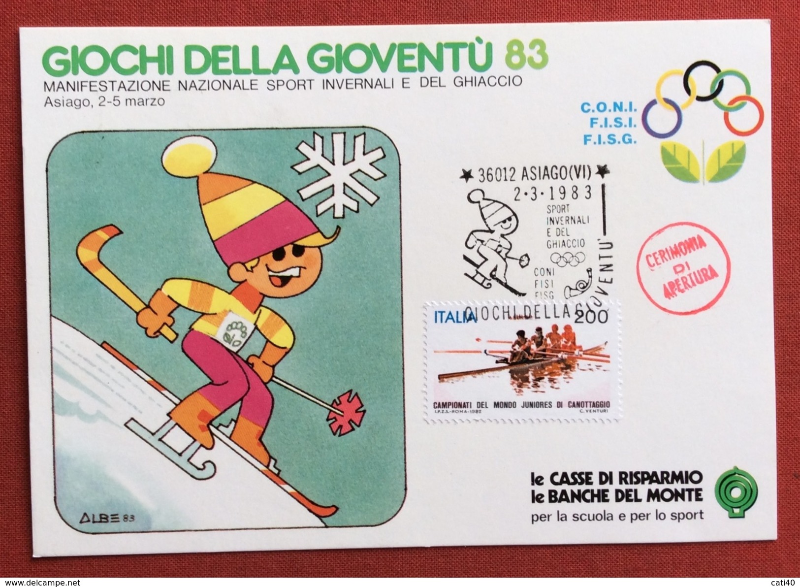 C.O.N.I. GIOCHI DELLA GIOVENTU' CARTOLINA E ANNULLO SPECIALE SPORT INVERSALI ASIAGO 1983 + CERIMONIA APERTURA - Non Classificati