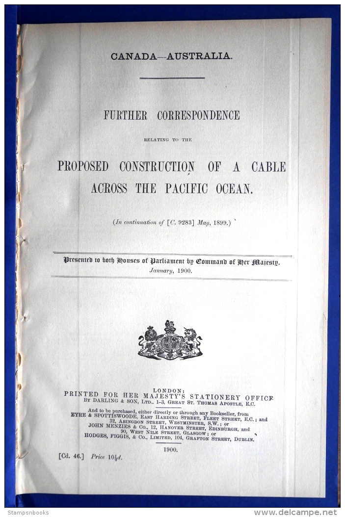 1900 Britain Canada Australia, Pacific Ocean Cable HMSO Government Report, 49 Pages + Plan / Map - Historical Documents