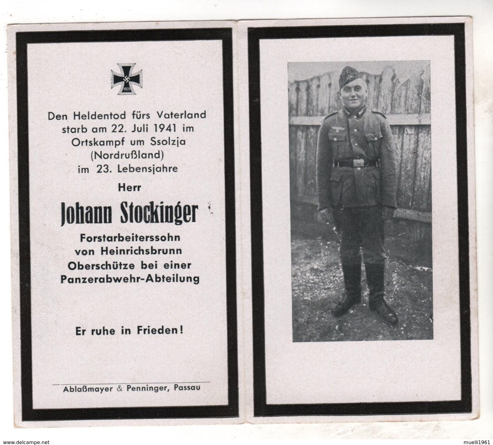 Nr.  9163,  Deutsche Wehrmacht,  Sterbebild, Oberschütze Panzerabwehr-Abteilung Johann Stockinger, Gefallen Bei Ssolzja, - Weltkrieg 1939-45