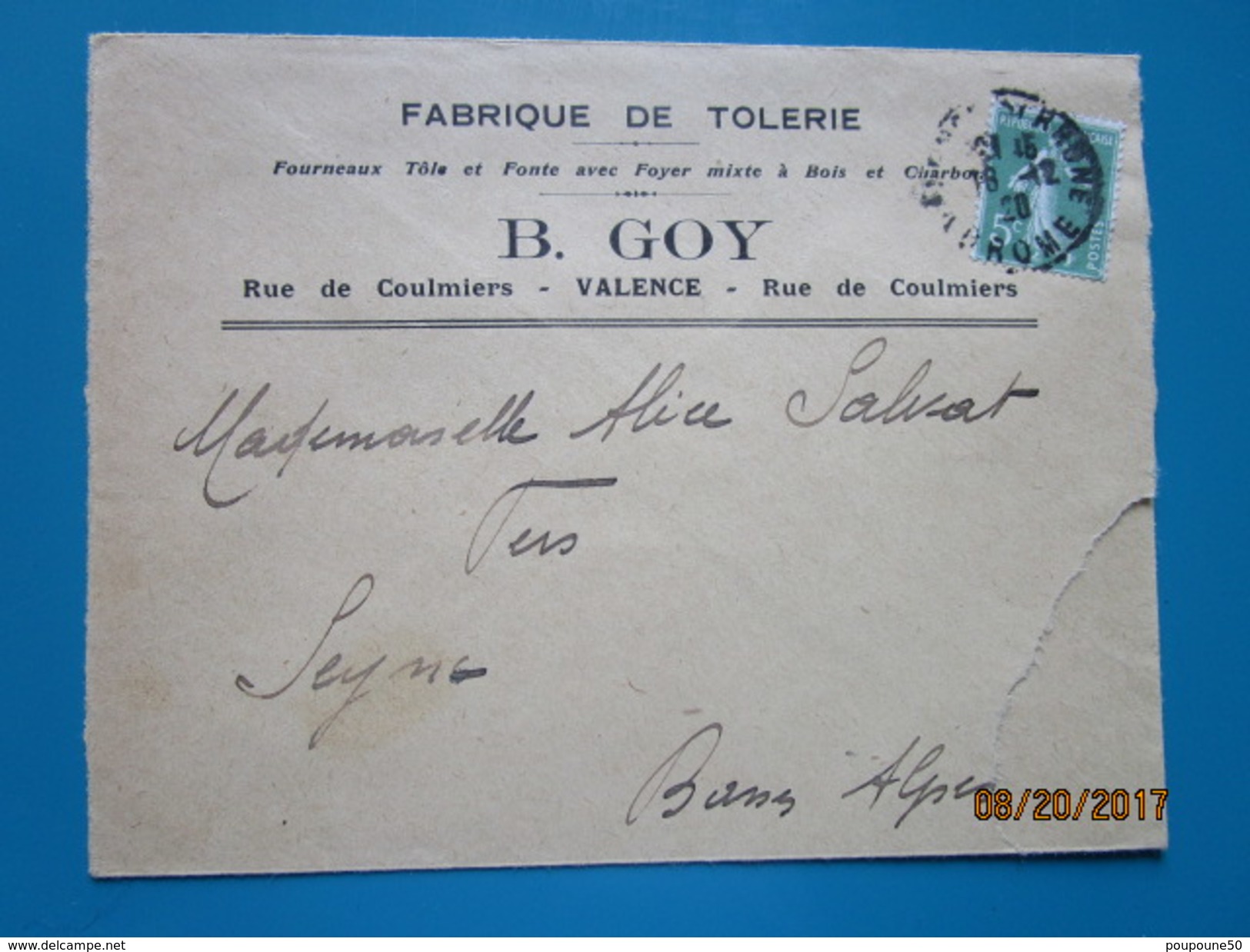 VALENCE Enveloppe à En Tête  - Fabrique De Tôlerie  Fourneaux B. GOY  Rue De Coulmiers Valence 1920 - 1900 – 1949