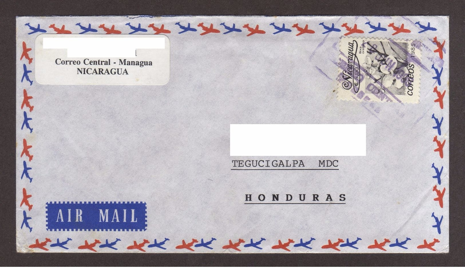 Nicaragua, Cover Sent From Managua-Tegucigalpa With Stamp Of Flower (Bixa Orellana), 1996 - Nicaragua