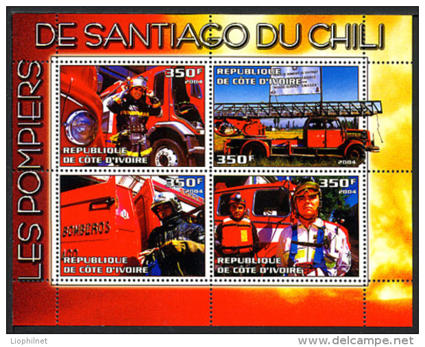 2004, POMPIERS DE SANTIAGO DU CHILI, CAMIONS, GRANDE ECHELLE, 4 Valeurs En Feuillet, Neufs / Mint. RcivChili - Etichette Di Fantasia