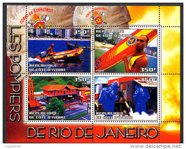 2004, POMPIERS DE RIO DE JANEIRO, CAMION, HORS-BORD, 4 Valeurs En Feuillet, Neufs / Mint. RcivRio - Fantasy Labels