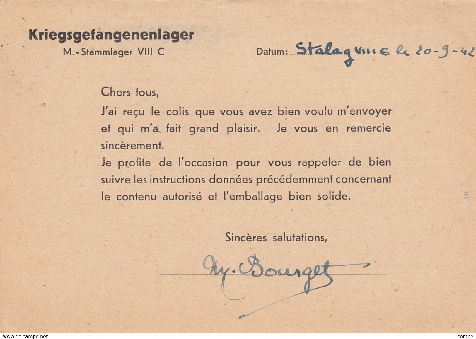 CARTE EN FM.  PRISONNIER DE GUERRE. 20/9/1942 STALAG VIII C - Guerre De 1939-45