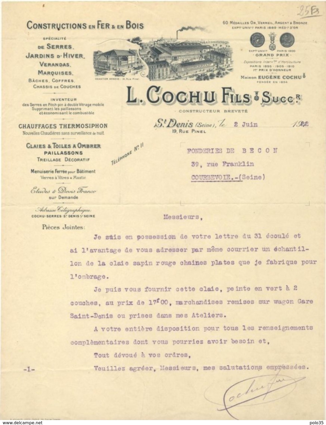 93. Constructions En Fer Et En Bois. Serres, Chauffage Thermosiphon. L. Cochu Fils à Saint-Denis - 1922 - VR_C2_28 - 1900 – 1949