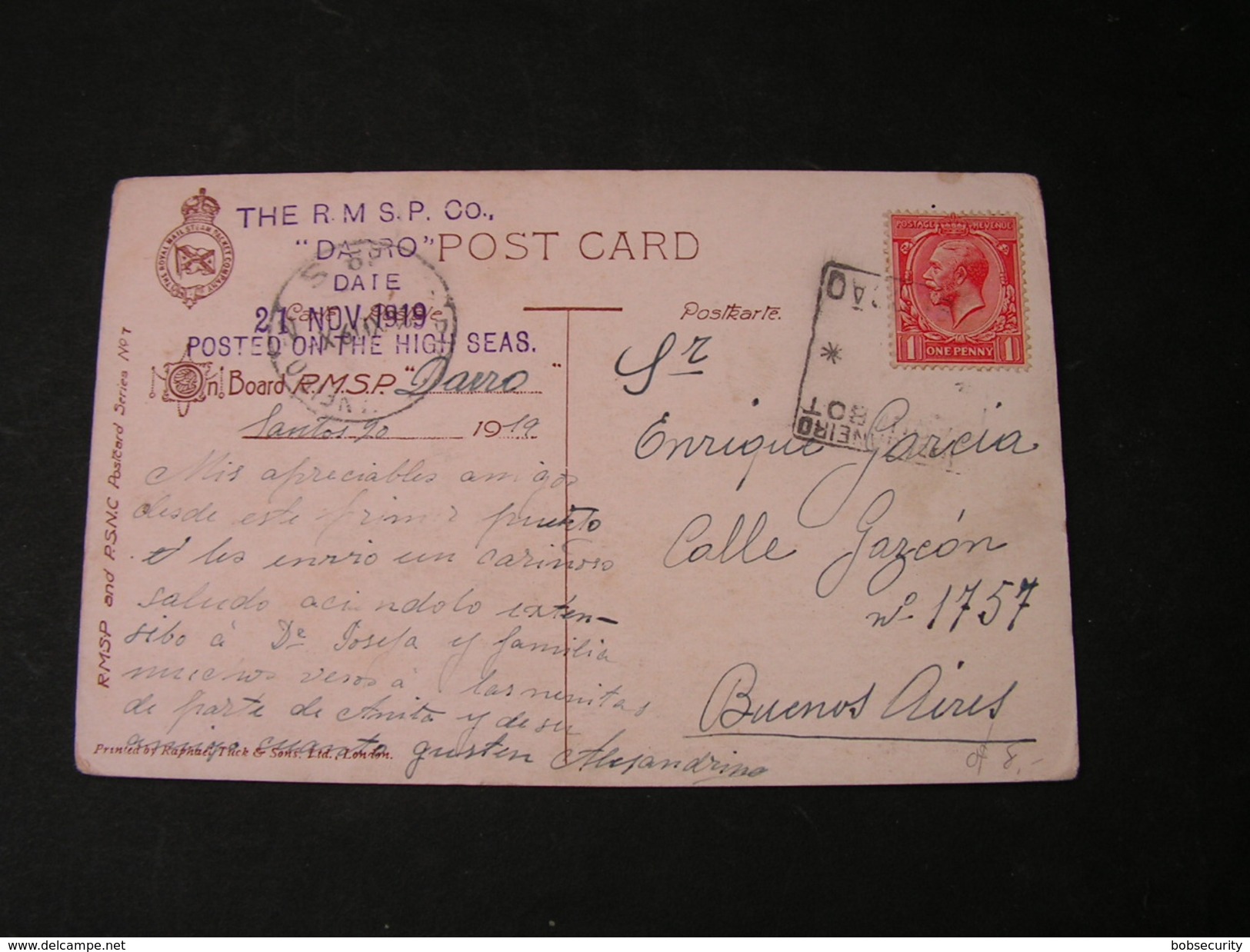 GB Card  - Posted On The High Sea 1919 - Briefe U. Dokumente