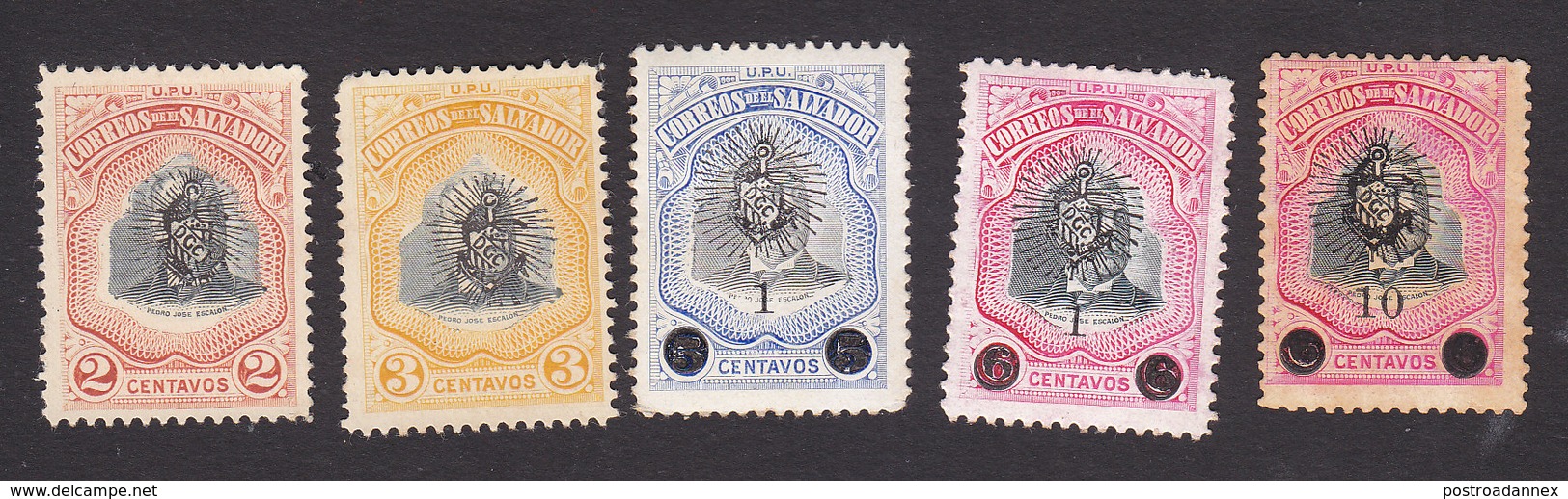 El Salvador, Scott #350-354, Mint Hinged, President Escalon Overprinted And Surcharged, Issued 1907 - El Salvador