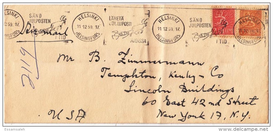 FICV001 Finland 1959 Airmail Cover Nice Franking W/ Slogan Sand Julposten Helsinki To NY - USA - Covers & Documents