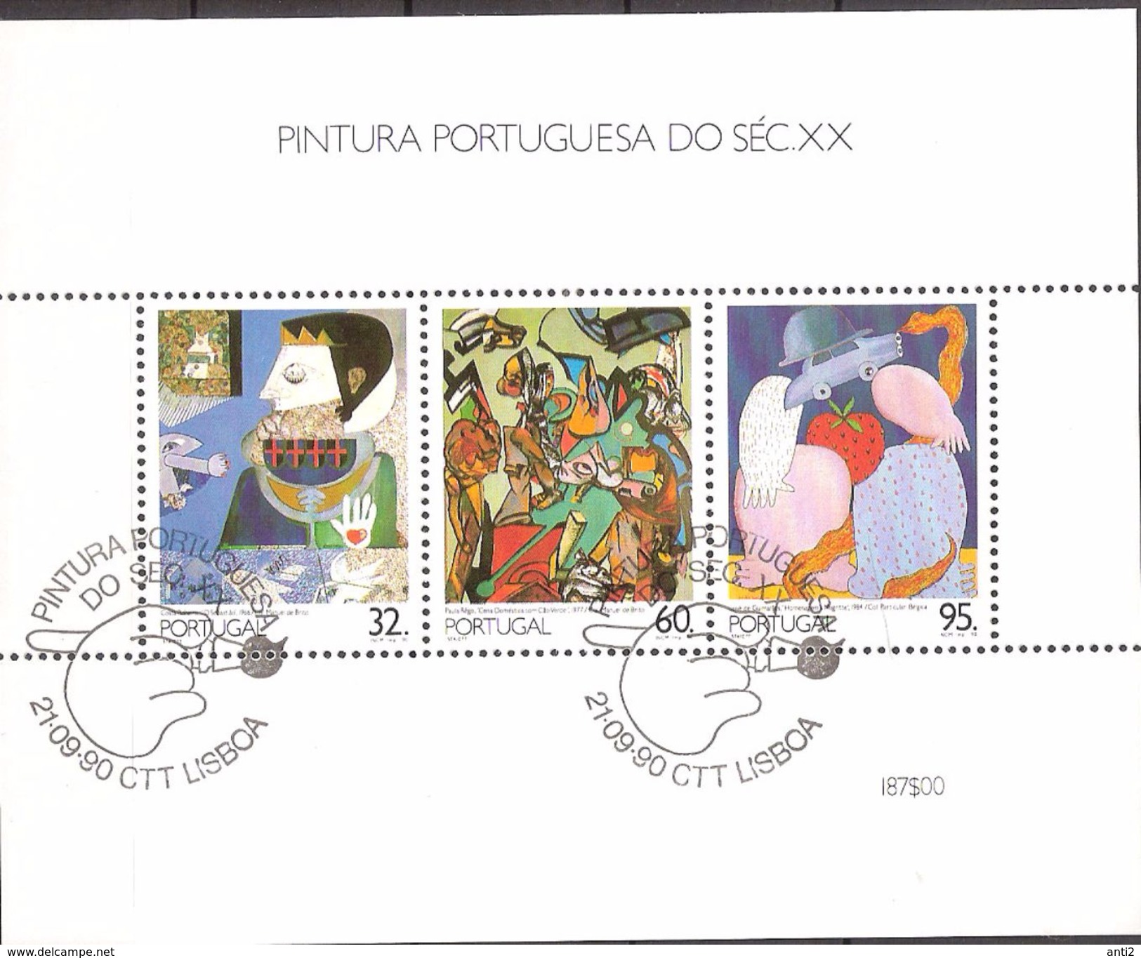 Portugal 1990 Paintings Costa Pinhero, Paula Rego, José De Gulmarães, Mi Bloc 73, Cancelled(o) - Gebruikt