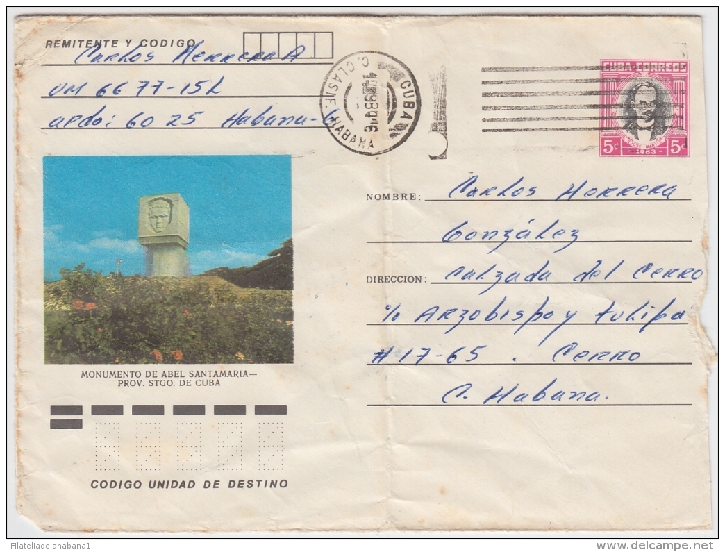 1983-EP-170 CUBA 1983 Ed.193M. POSTAL STATIONERY ANGOLA WAR USE. MONUMENTO ABEL SANTAMARIA. - Lettres & Documents